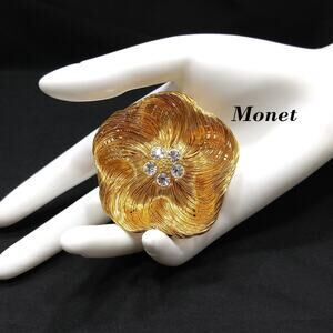 Monet Wire Wrapped Rhinestone Flower Brooch, Gold Plated, 1980s Vintage Jewelry